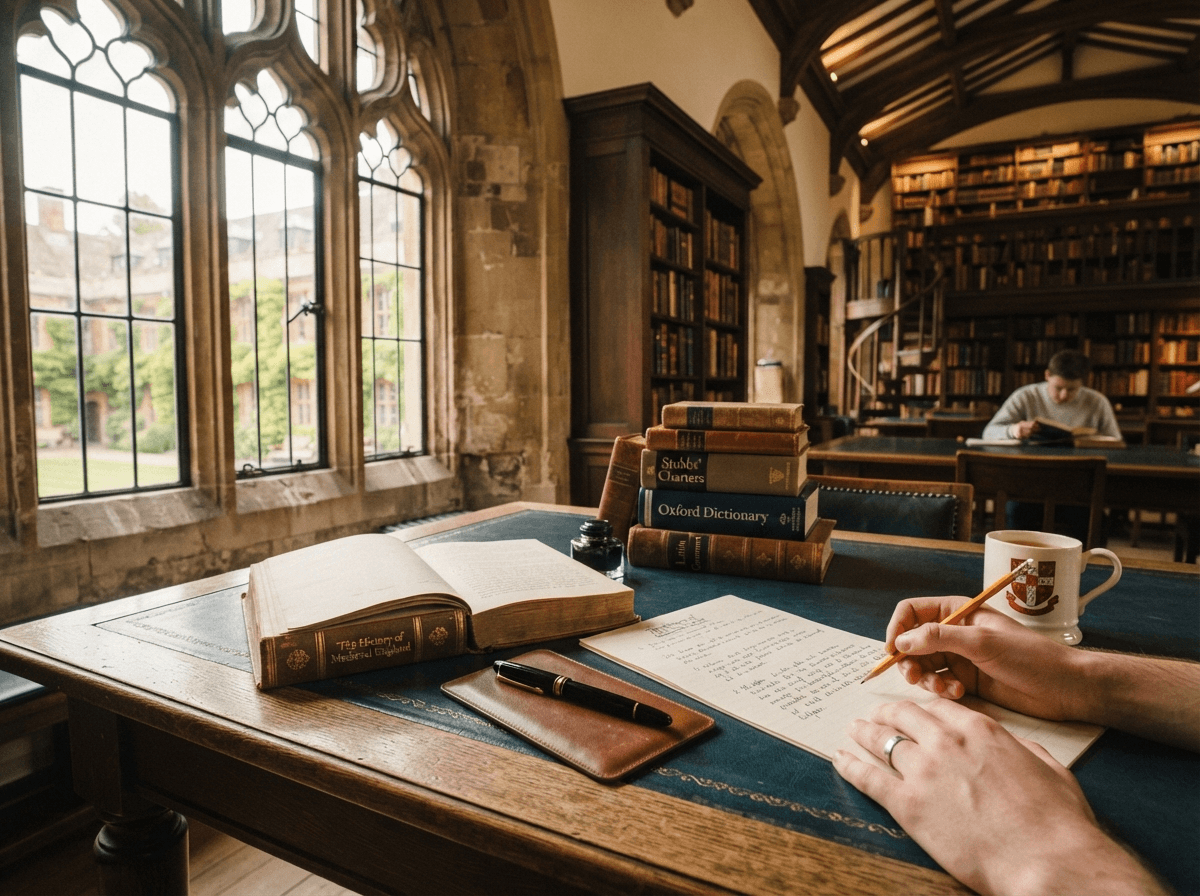 Scholarly study desk with classic books and fountain pen in a historic university library